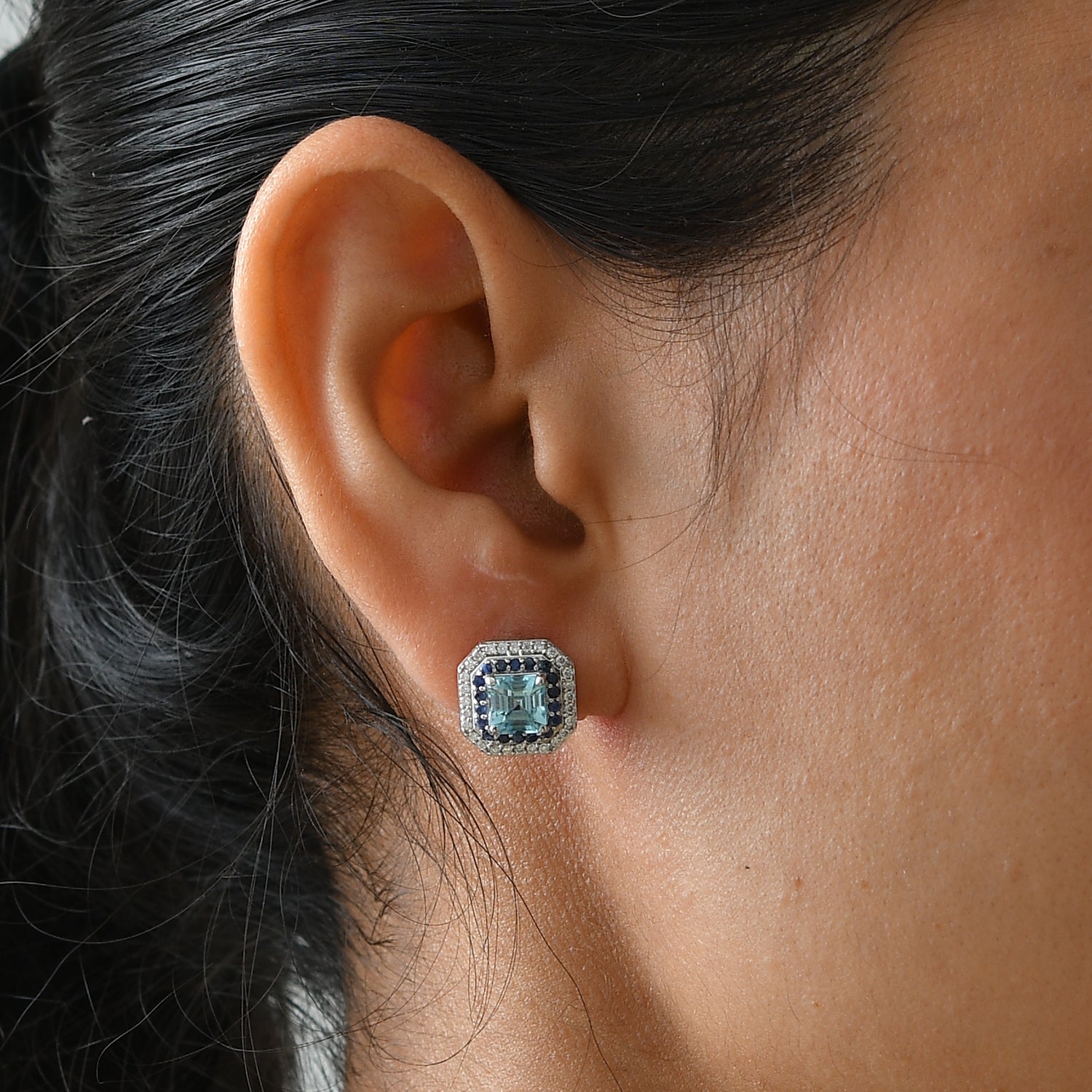 D'Joy AA blaue Zirkon, blaue Saphir und Moissanit Halo Ohrringe, 925 Silber rhodiniert - 3,37 ct.