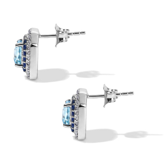 D'Joy AA blaue Zirkon, blaue Saphir und Moissanit Halo Ohrringe, 925 Silber rhodiniert - 3,37 ct.