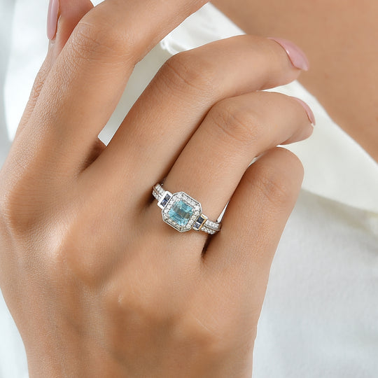 D'Joy AA blauer Zirkon, blauer Saphir und Moissanit Halo Ring, 925 Silber rhodiniert - 1,81 ct.