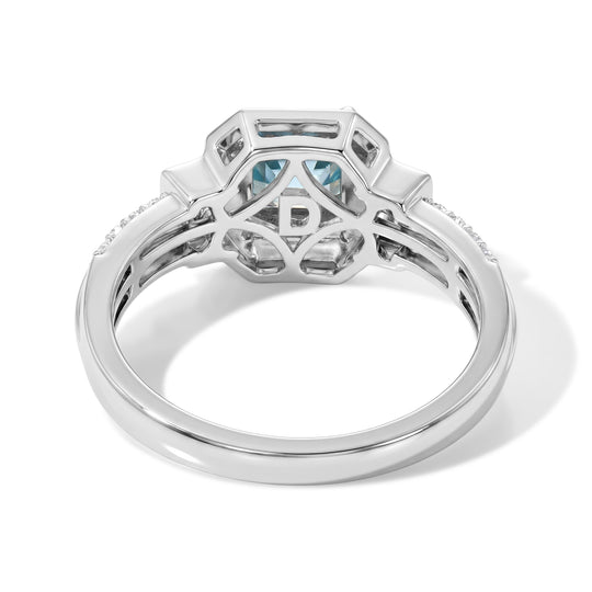 D'Joy AA blauer Zirkon, blauer Saphir und Moissanit Halo Ring, 925 Silber rhodiniert - 1,81 ct.