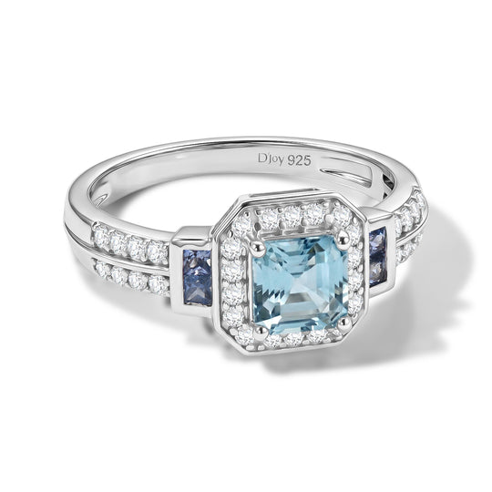D'Joy AA blauer Zirkon, blauer Saphir und Moissanit Halo Ring, 925 Silber rhodiniert - 1,81 ct.