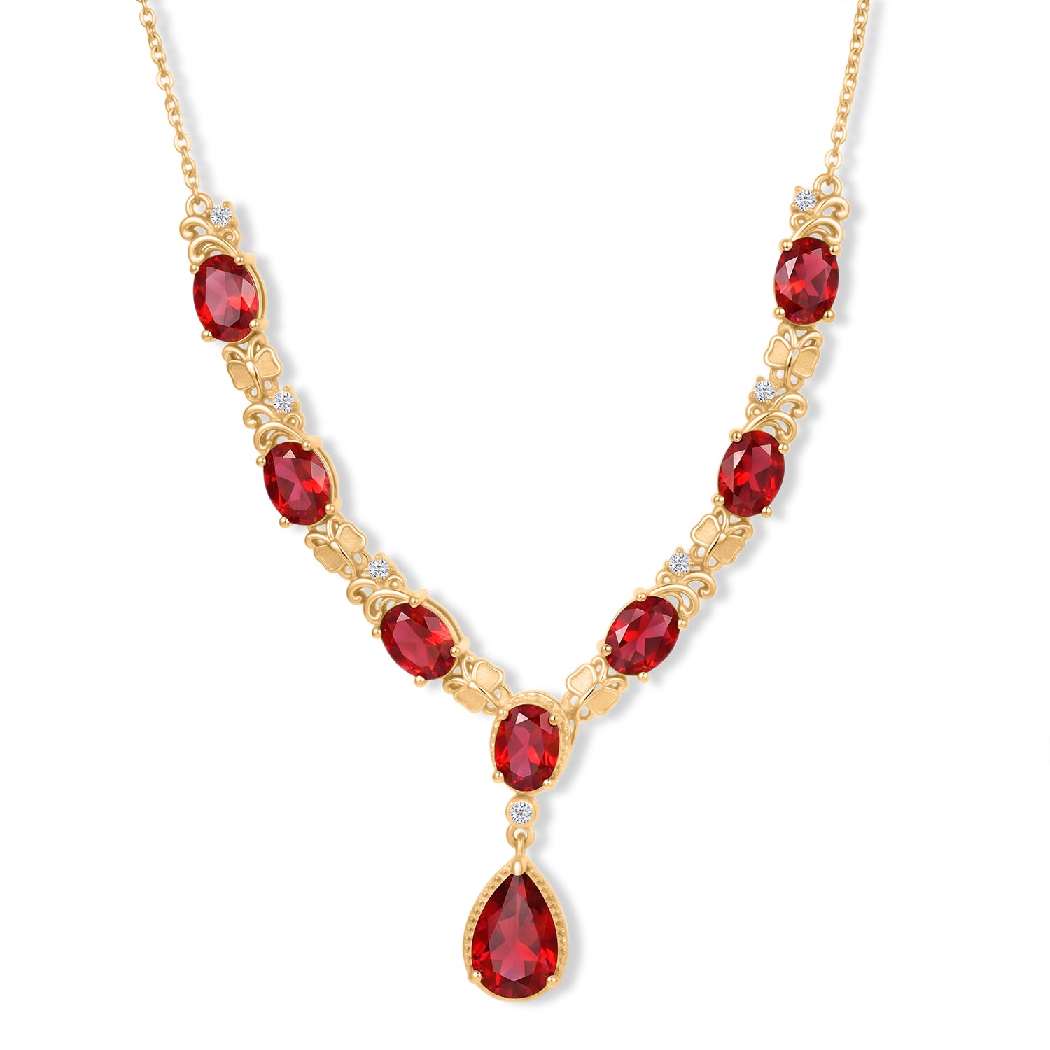 EverTrue Rubin Feuer Triplett Quarz und Zirkon 45cm Halskette, 950 Kupfer mit Gelbgold E-Beschichtung, Edelstahl Kette - 14,19 ct.