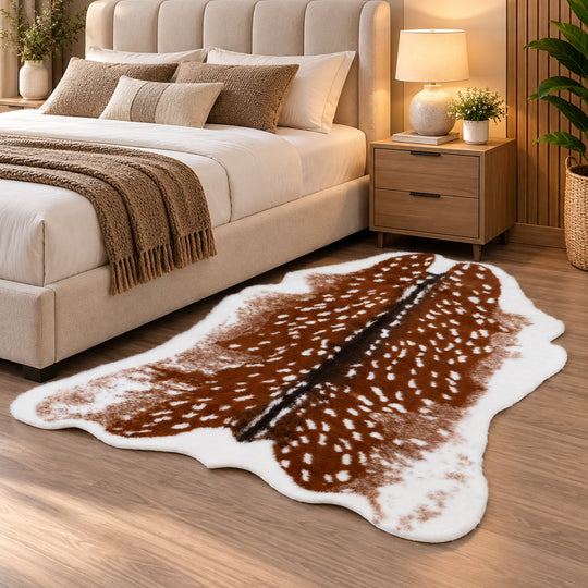 LA MAREY Kunstfell-Teppich in Tierfell-Optik mit Fleckenmuster und Schaumstoffunterseite, 130x180cm, Braun-Weiß