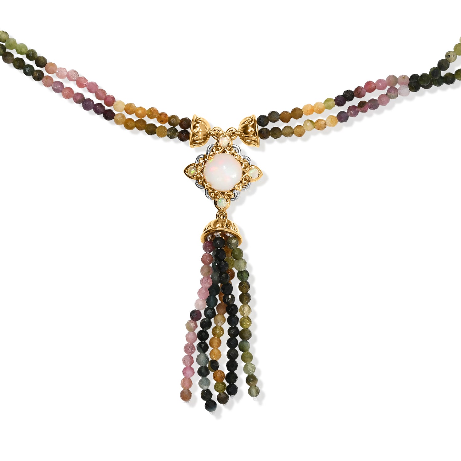 D'Joy Mehrfarbig-Turmalin, Natürlicher, äthiopischer Welo Opal Halskette ca. 45 cm 925 Silber Rhodiniert und 750 Gelbgold Vermeil ca. 72,11 ct.
