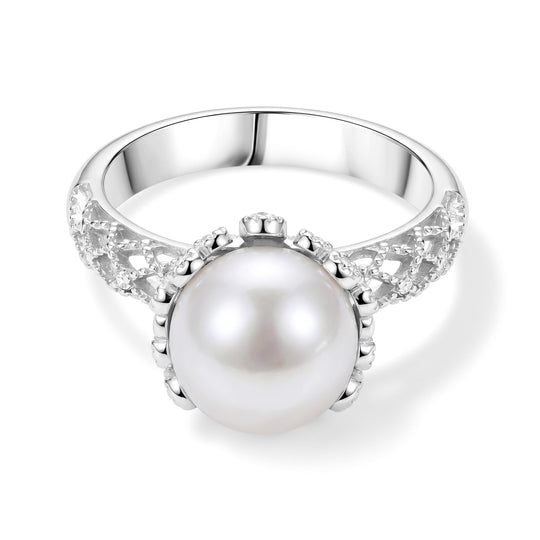 D'Joy Weiße Edison Perle (10-11 mm), Lab Grown Diamant Ring 925 Silber Rhodiniert (Größe 18.00)