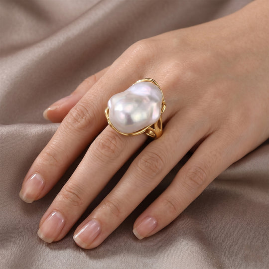 D'Joy Weiße Barockperle, (13-16 mm) Ring 925 Silber Vergoldet (Größe 16.00)