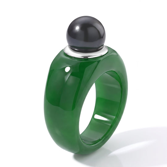 D'Joy gefärbter grüner Jade und 9-10mm Tahiti Perle Ring , 925 Silber rhodiniert