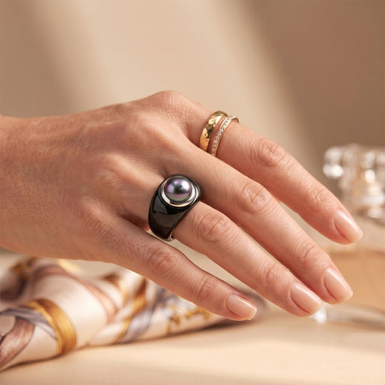 D'Joy Schwarze Jade, Tahiti Perle (9-10mm) (10-15 Werktage Lieferzeit) Ring 925 Silber Rhodiniert (Größe 21.00) (10-15 Werktage Lieferzeit)