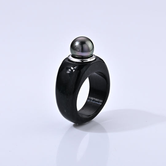 D'Joy Schwarze Jade, Tahiti Perle (9-10mm) (10-15 Werktage Lieferzeit) Ring 925 Silber Rhodiniert (Größe 19.00) (10-15 Werktage Lieferzeit)