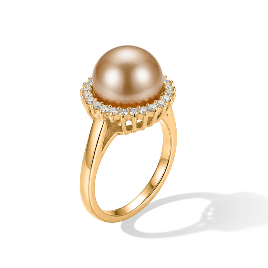 D'Joy AAA goldener Südsee Perle (11mm) und SI Labor Diamant Ring, 925 Silber vergoldet