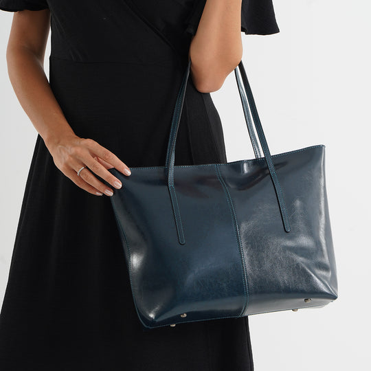 LA MAREY Echtleder-Shopper mit Kartenetui und Schlüsselfinder, 35,5 x 11 x 30 cm, Blau