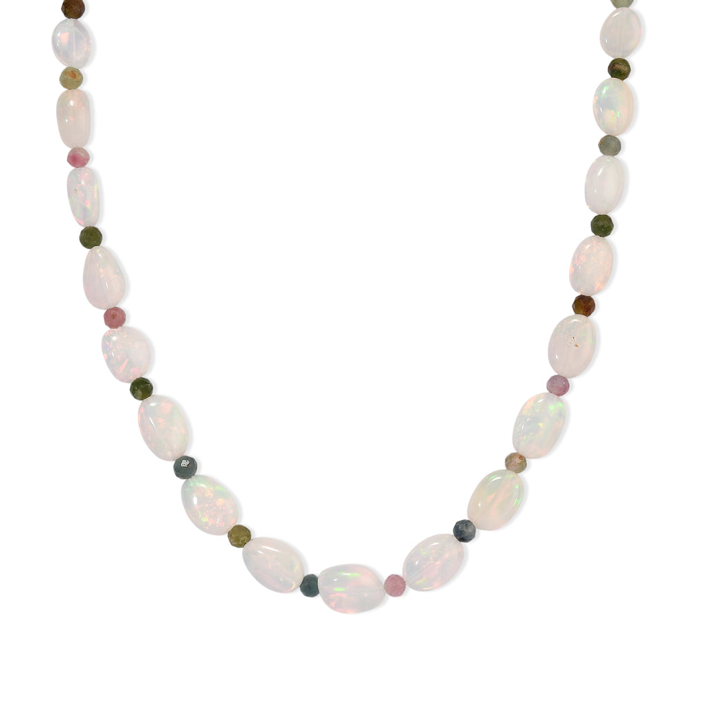 D'Joy AAA Natürlicher, äthiopischer Welo Opal, Mehrfarbige-Turmalin Halskette ca. 45 cm 925 Silber 750 Gelbgold vermeil ca. 44.00 ct