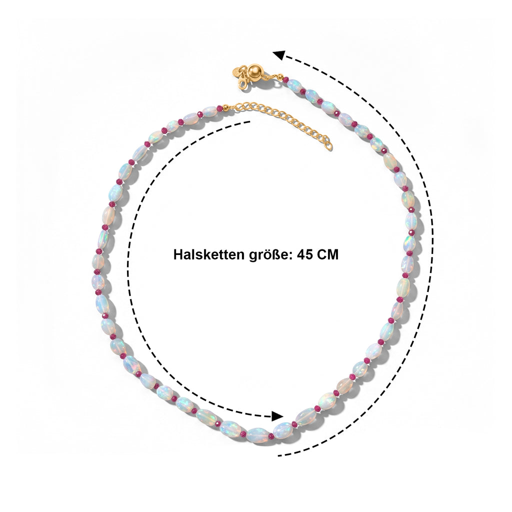D'Joy AAA Natürlicher, äthiopischer Welo Opal, Burmesischer Rubin Halskette ca. 45 cm 925 Silber 750 Gelbgold vermeil ca. 44.00 ct