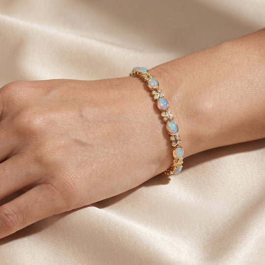 D'Joy AA Natürlicher, äthiopischer Welo Opal, Weißer Zirkon Armband ca. 19 cm 925 Silber 750 Gelbgold vermeil ca. 7,56 ct.