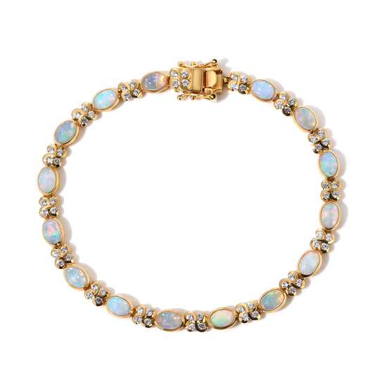 D'Joy AA Natürlicher, äthiopischer Welo Opal, Weißer Zirkon Armband ca. 19 cm 925 Silber 750 Gelbgold vermeil ca. 7,56 ct.