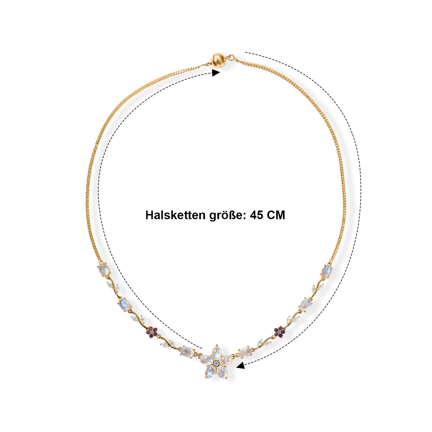 D'Joy Regenbogen Mondstein, Weißer Zirkon Halskette ca. 45 cm 925 Silber 750 Gelbgold vermeil ca. 11.96 ct