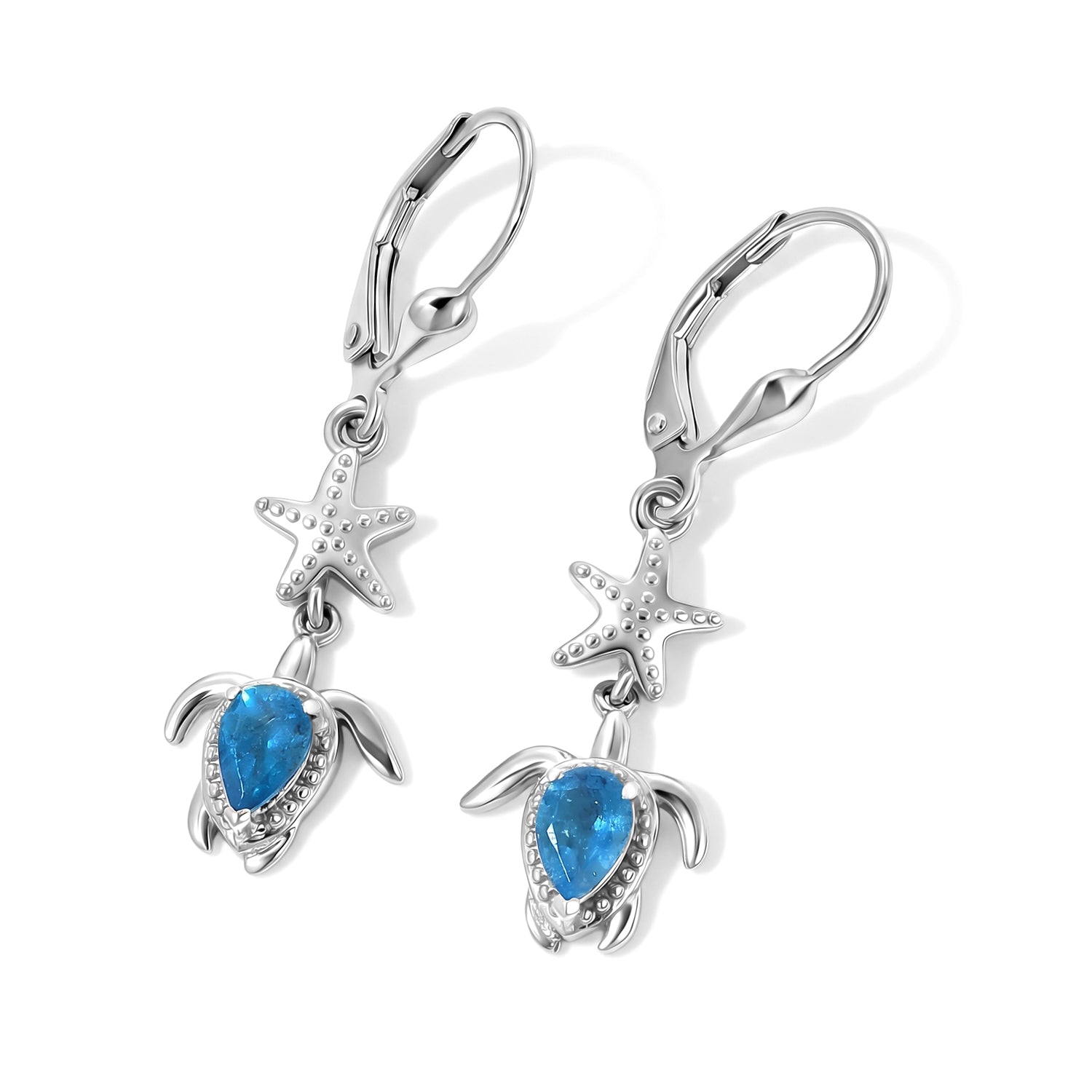 D'Joy Neon Apatit Ohrringe mit Schildkröten- und Seesternmotiven, 925 Silber platiniert - 0,87 ct.