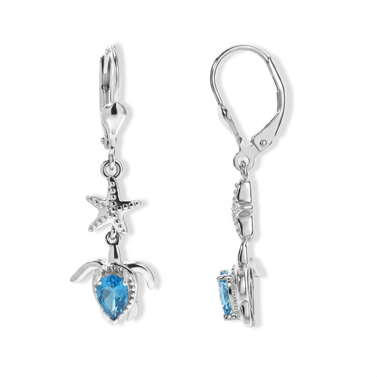 D'Joy Neon Apatit Ohrringe mit Schildkröten- und Seesternmotiven, 925 Silber platiniert - 0,87 ct.