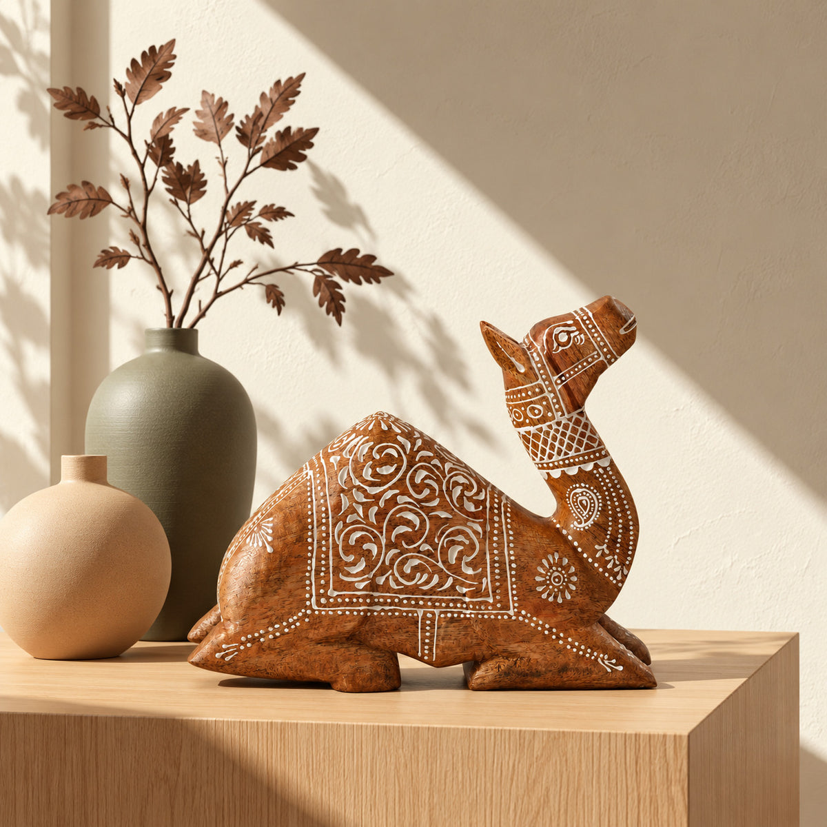 Bliss & Beyond Hand Painted Cone Work Camel Figurine Size- 25.5X7.62X20.32 Cm  Color-White Washed