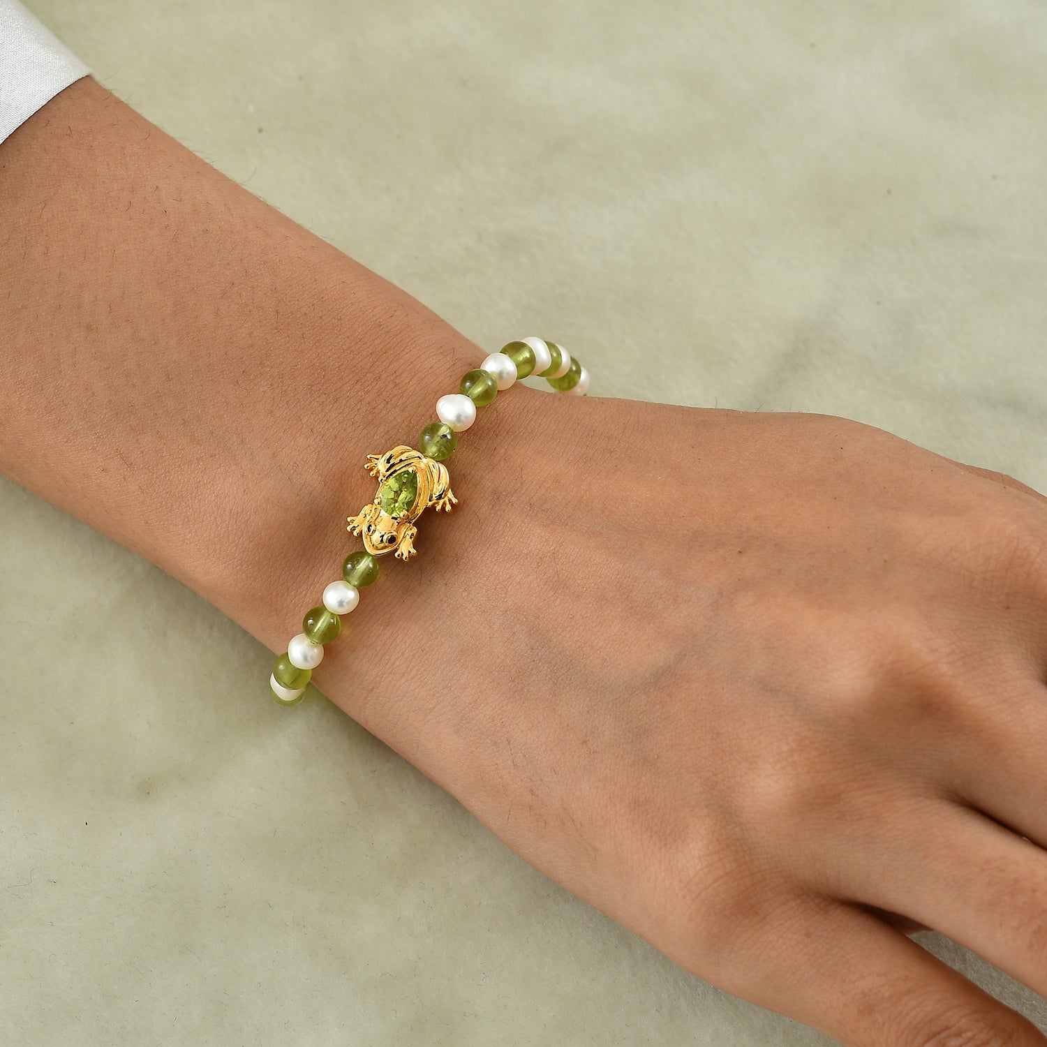 GP - Peridot, Süßwasser Perle (5mm) Armband ca. 19 cm 925 Silber 750 Gelbgold vermeil