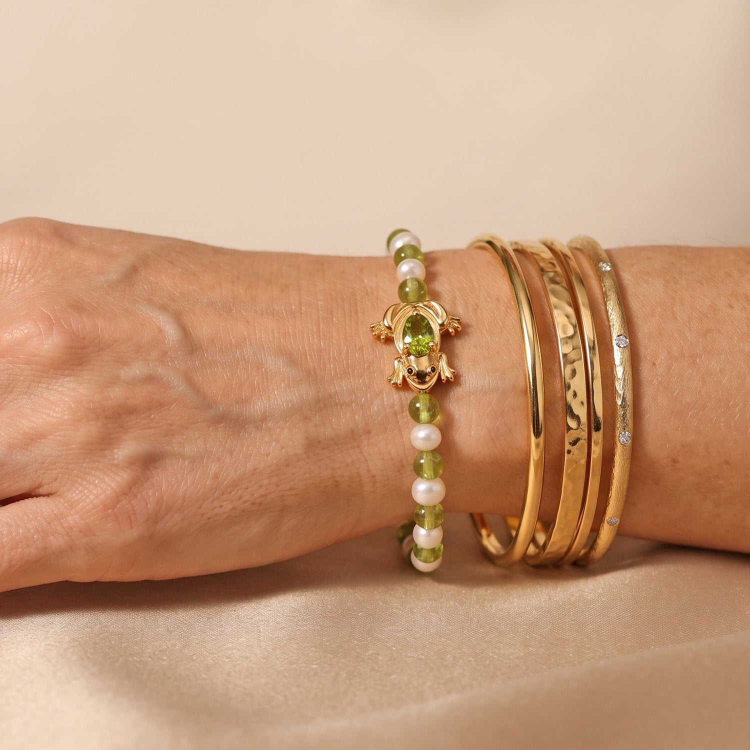 GP Trionfo Kollektion  - Peridot, Süßwasser Perle (5mm) Armband ca. 19 + 2 cm Extender 925 Silber 750 Gelbgold vermeil 26.17 ct