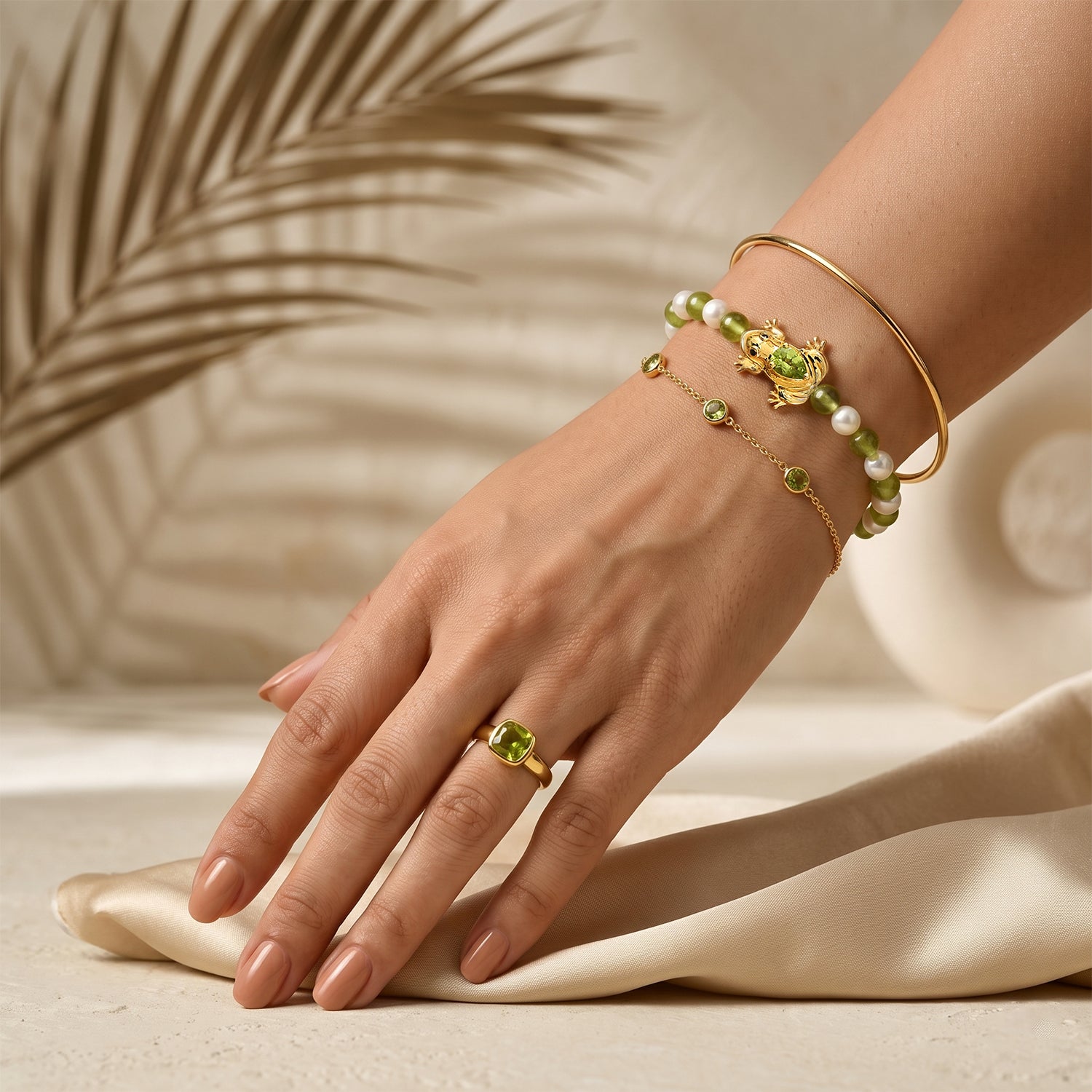 GP - Peridot, Süßwasser Perle (5mm) Armband ca. 19 cm 925 Silber 750 Gelbgold vermeil