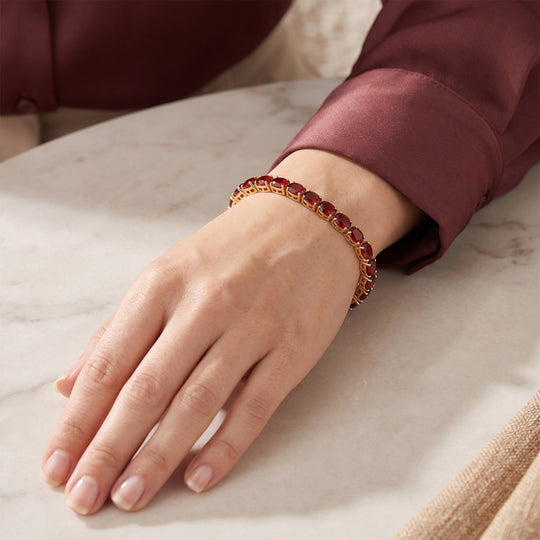 D'Joy Rubin Feuer Triplett Quarz und Diamant 20cm Armband, 925 Silber 750 Gelbgold Vermeil - 25,45 ct.