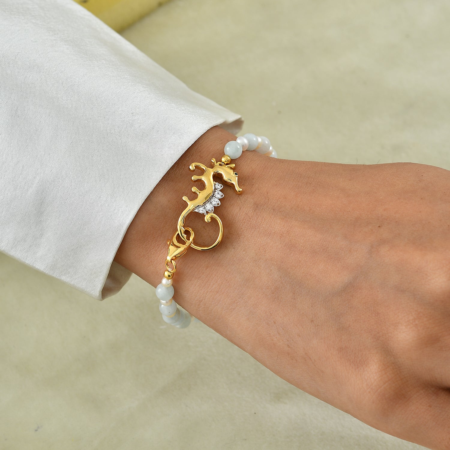 GP - Aquamarin, Süßwasser Perle (3.5-4mm) Armband ca. 19 cm 925 Silber 750 Gelbgold vermeil