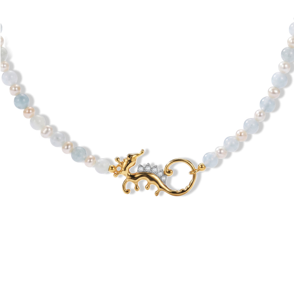 GP - Aquamarin, Süßwasser Perle (3.5-4mm) Halskette ca. 45 cm 925 Silber 750 Gelbgold vermeil