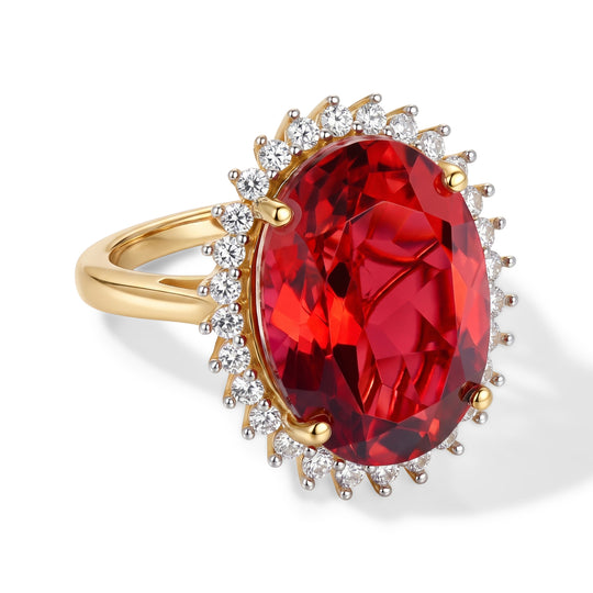 D'Joy Rubin Feuer Triplett Quarz und Zirkon Ring, 925 Silber 750 Gelbgold Vermeil - 37,60 ct.