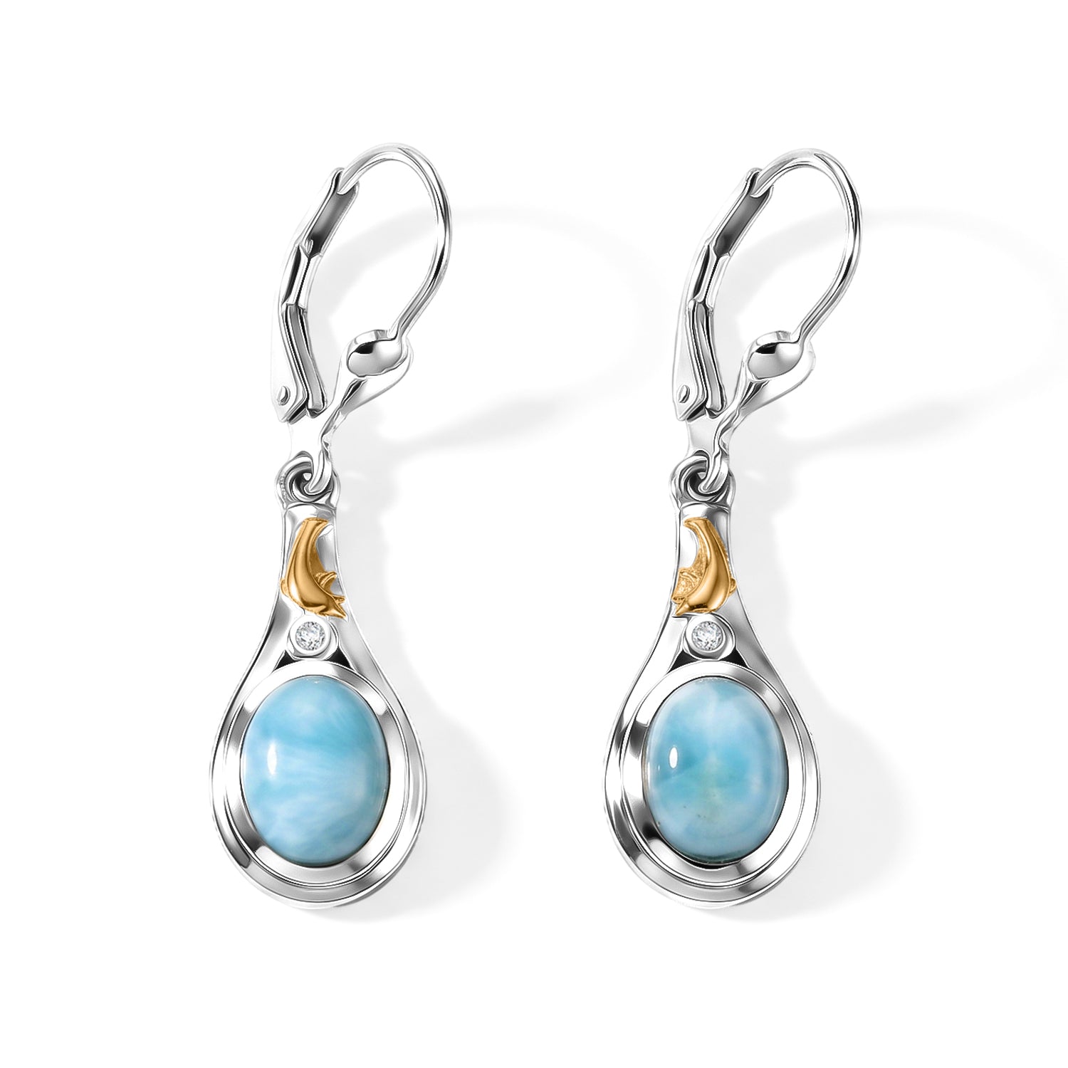 D'Joy AAA Larimar, Weißer Diamant Ohrringe 925 Silber Rhodiniert und 750 Gelbgold Vermeil ca. 3.04 ct