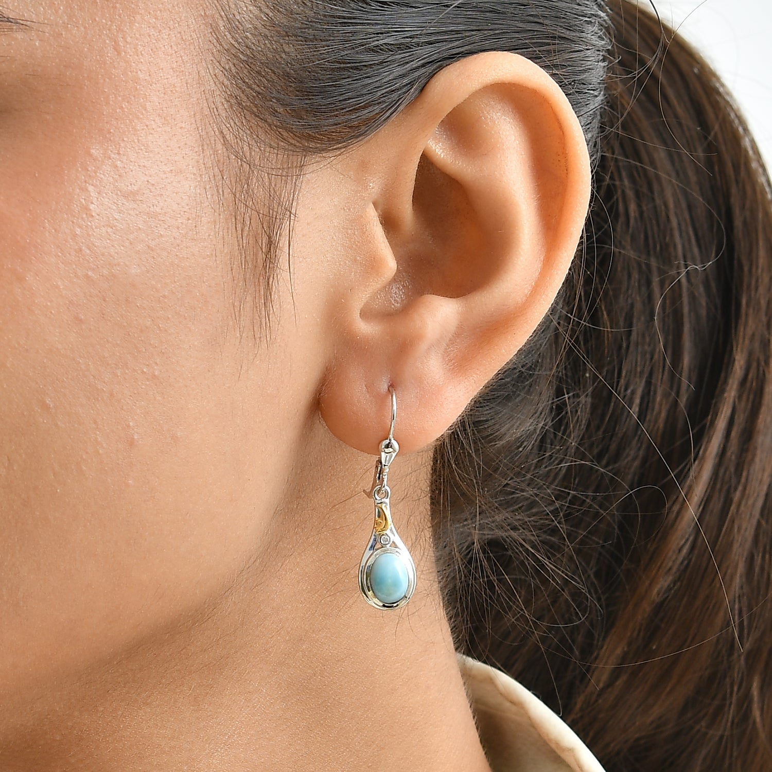 D'Joy AAA Larimar, Weißer Diamant Ohrringe 925 Silber Rhodiniert und 750 Gelbgold Vermeil ca. 3,04 ct.