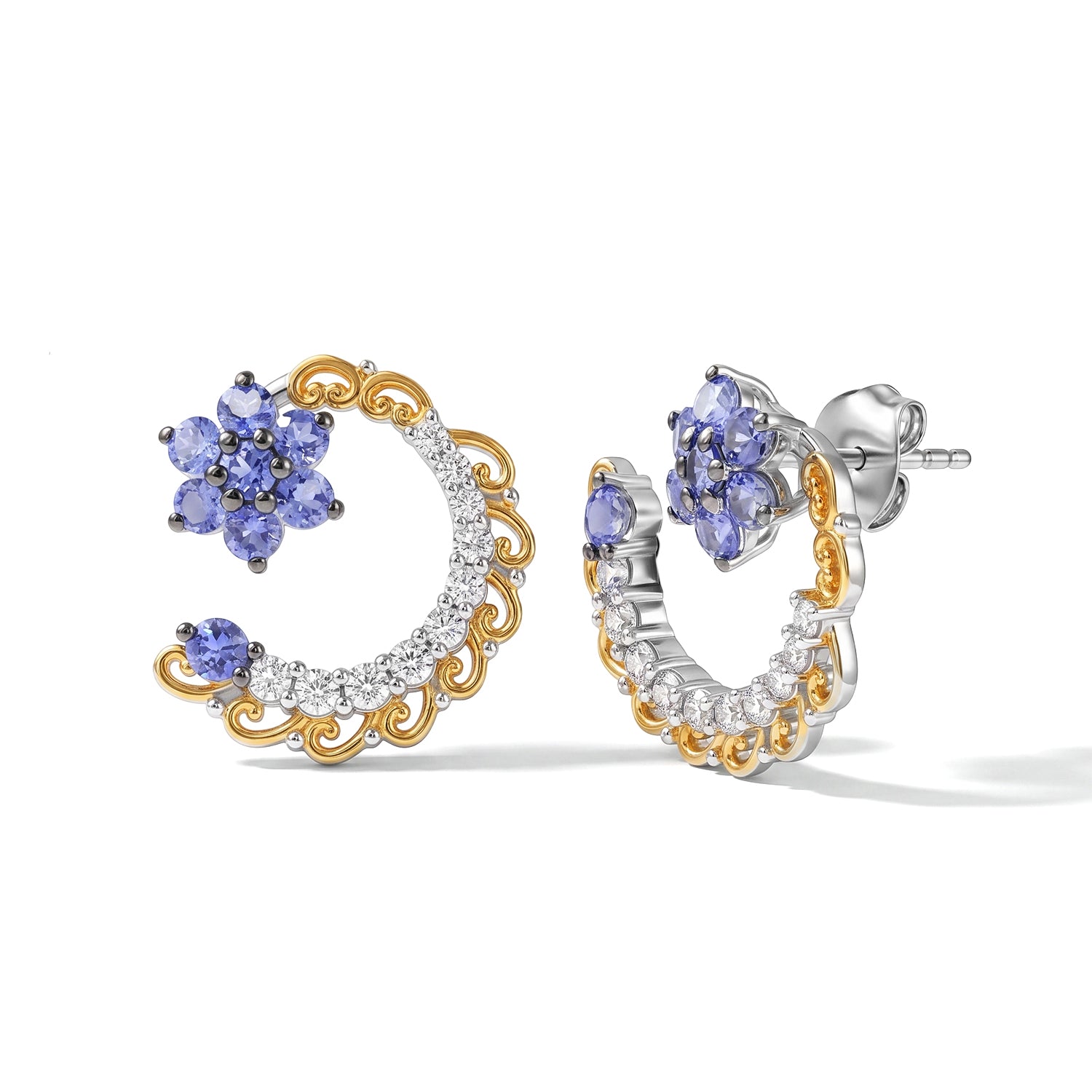 D'Joy AA Tansanit und Zirkon Ohrringe, 925 Silber rhodiniert und 750 Gelbgold Vermeil - 2,18 ct.