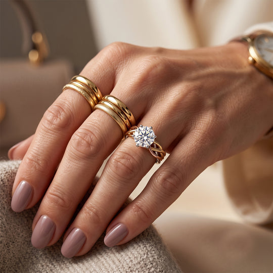 LUXURIANT SGL zertifizierter SI-GH Labor Rundschliff Diamant Ring, 925 Silber rhodiniert, 750 Gelbgold Vermeil und 750 Roségold Vermeil - 1 ct.