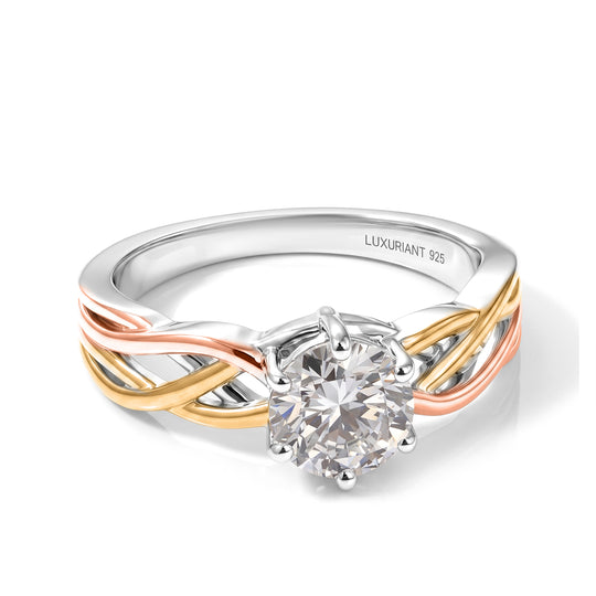 LUXURIANT SGL zertifizierter SI-GH Labor Rundschliff Diamant Ring, 925 Silber rhodiniert, 750 Gelbgold Vermeil und 750 Roségold Vermeil - 1 ct.