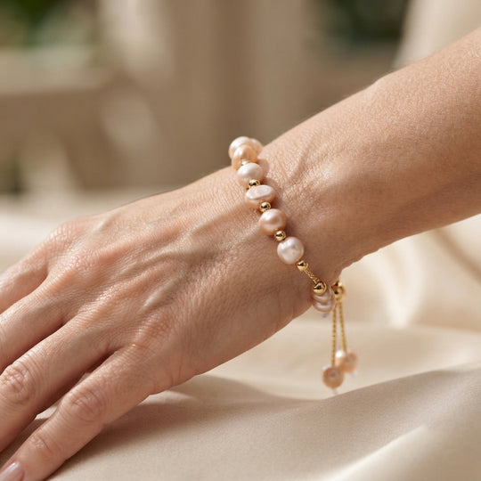 Pfirsich-Süßwasser Perle Armband ca. Flexibles cm Nickelfreies Messing (10-15 Werktage Lieferzeit)