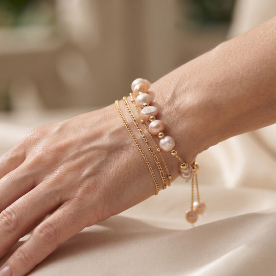 Pfirsich-Süßwasser Perle Armband ca. Flexibles cm Nickelfreies Messing (10-15 Werktage Lieferzeit)