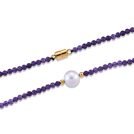 Weiße Edison Perle (7-10mm), Afrikanischer Amethyst, Halskette ca. 50 cm 316L Edelstahl Goldton 30.01 ct