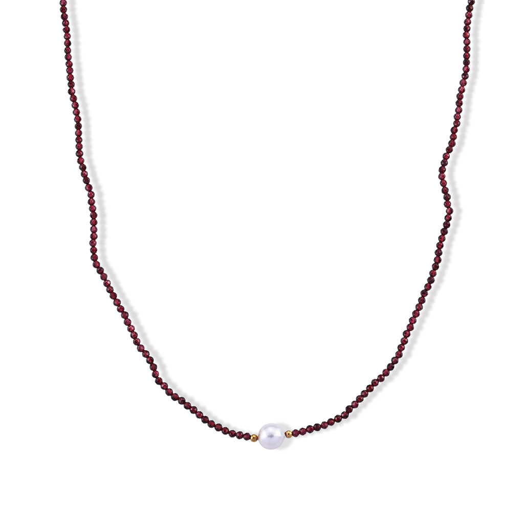 Roter Granat, Weiße Edison Perle (7-10mm) Halskette ca. 50 cm 316L Edelstahl Goldton 30.01 ct
