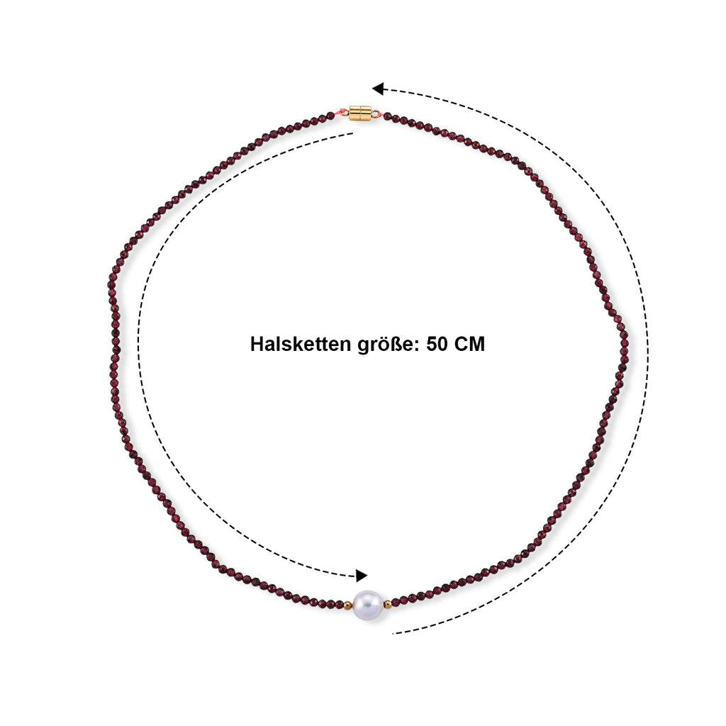Roter Granat, Weiße Edison Perle (7-10mm) Halskette ca. 50 cm 316L Edelstahl Goldton 30.01 ct