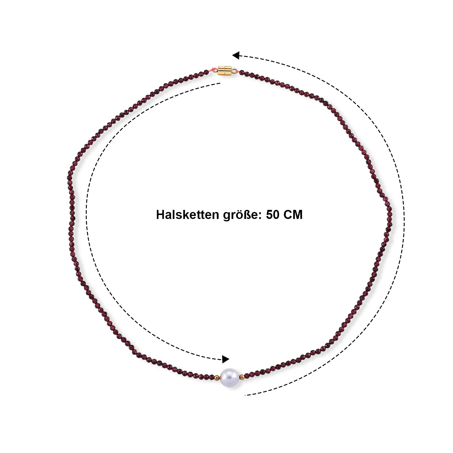 Roter Granat, Weiße Edison Perle (7-10mm) Halskette ca. 50 cm 316L Edelstahl Goldton 30.01 ct
