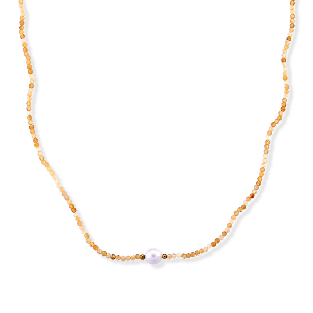 Citrin, Weiße Edison Perle (7-10mm) Halskette ca. 50 cm 316L Edelstahl Goldton 30.01 ct