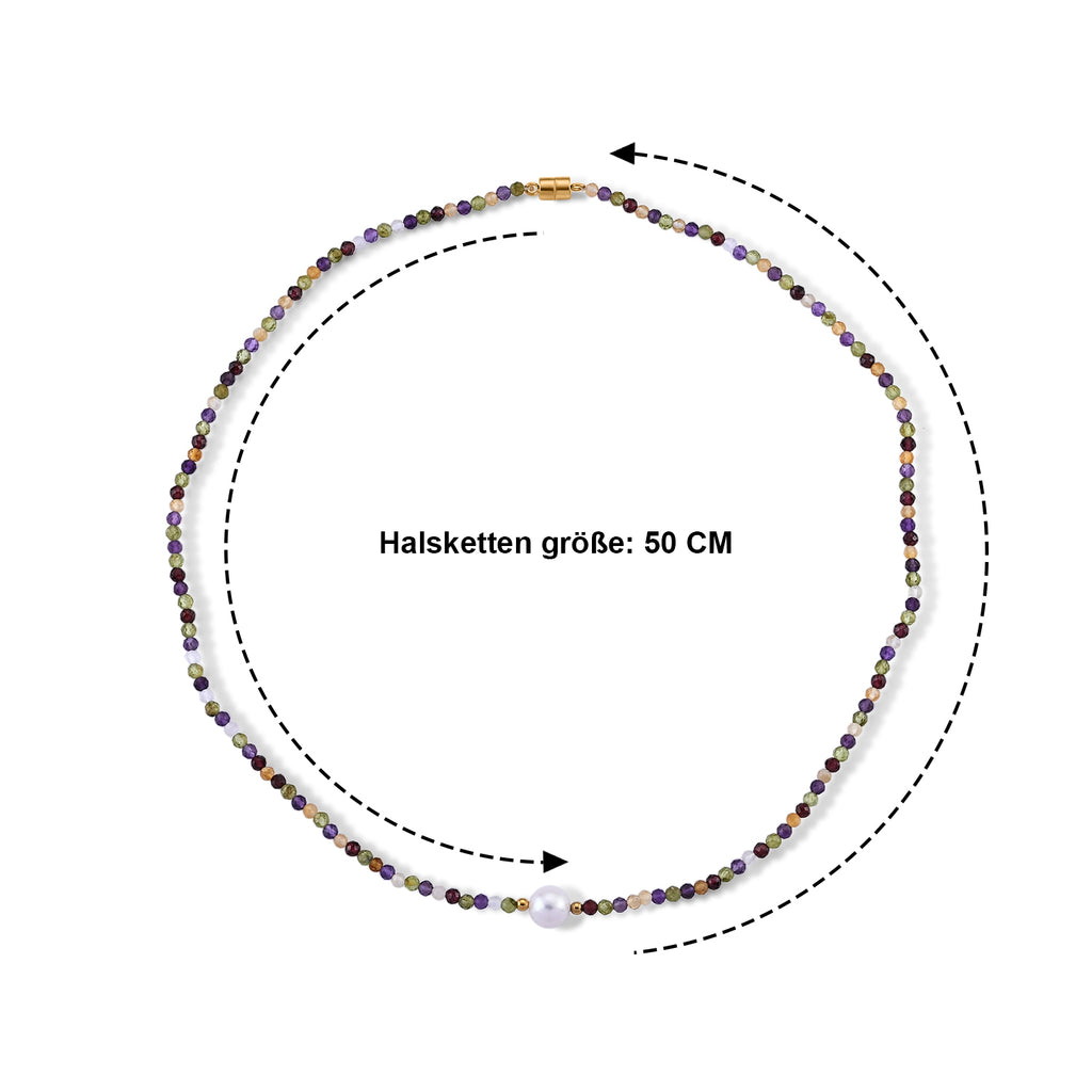 Mehrfarbige Edelsteine, Weiße Edison Perle (7-10mm) Halskette ca. 50 cm 316L Edelstahl Goldton 30.01 ct