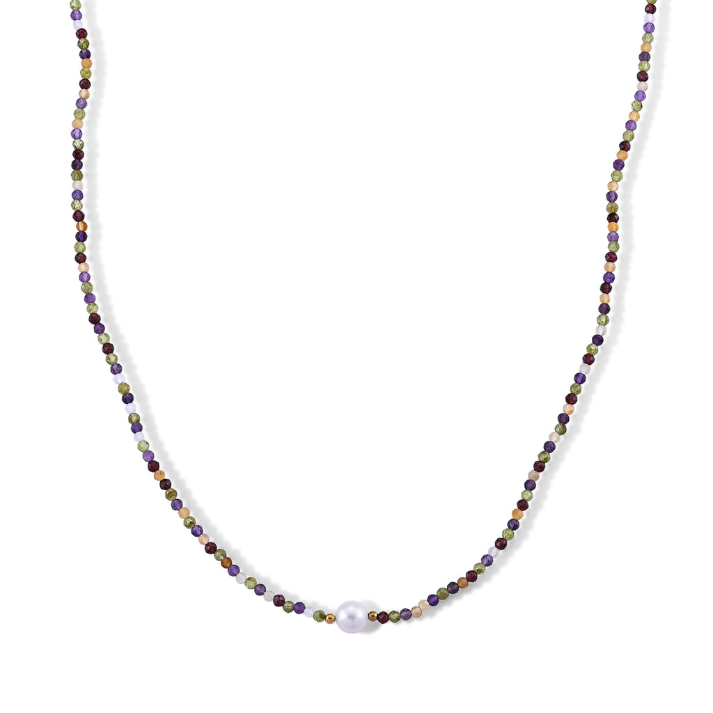 Mehrfarbige Edelsteine, Weiße Edison Perle (7-10mm) Halskette ca. 50 cm 316L Edelstahl Goldton 30.01 ct