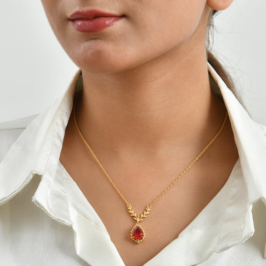 EverTrue Rubin Feuer Triplett Quarz 45cm Halskette, 950 Kupfer mit Gelbgold E-Beschichtung, Edelstahl Kette - 2,82 ct.
