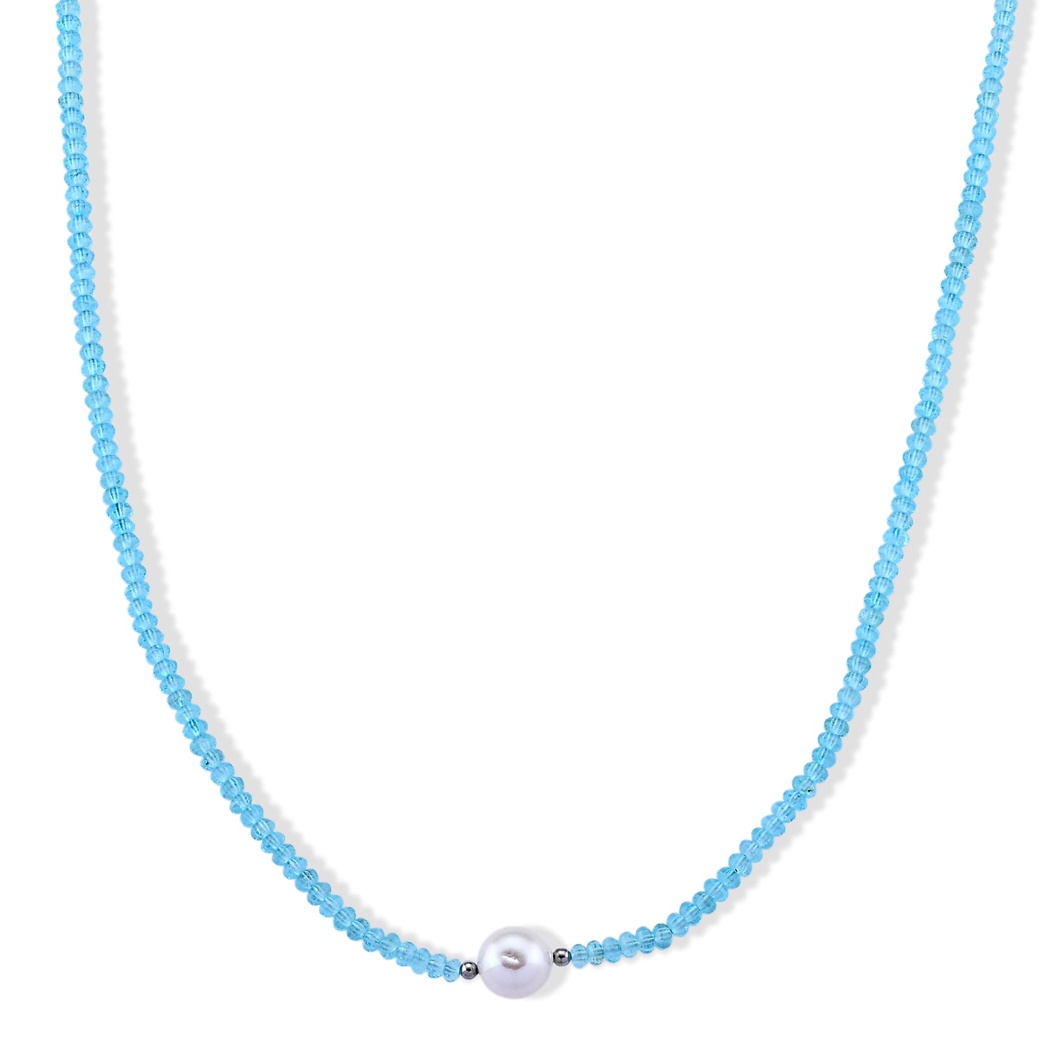 Weiße Edison Perle (7-10mm), Blau Topas, Halskette ca. 45 cm 316L Edelstahl 65.01 ct
