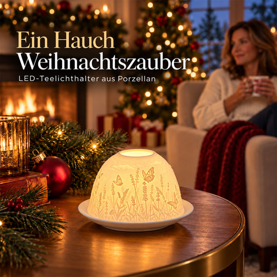LED-Teelichthalter aus unglasiertem Porzellan mit Leuchtturmmotiv und Fernbedienung, 10,5 x 7,5 cm, Weiß