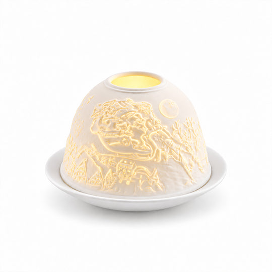 LED-Teelichthalter aus unglasiertem Porzellan mit Leuchtturmmotiv und Fernbedienung, 10,5 x 7,5 cm, Weiß