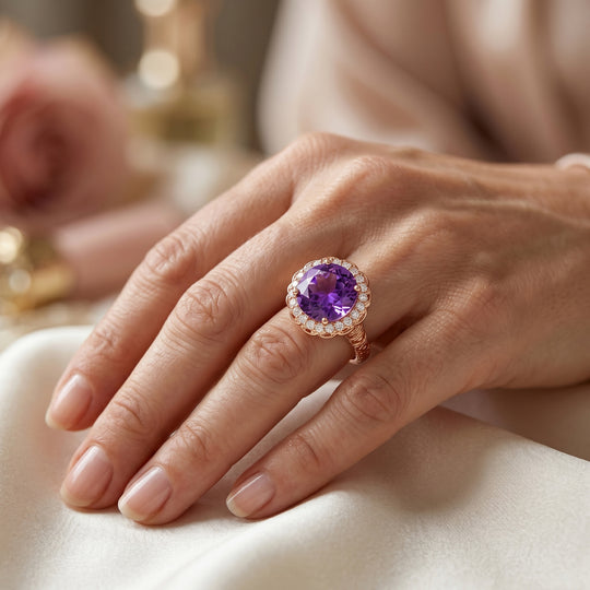 EverTrue AA Rose De France Amethyst und Zirkon Halo Ring, 950 Kupfer mit Roségold E-Bechichtung - 7,13 ct.