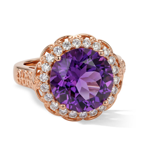 EverTrue AA Rose De France Amethyst und Zirkon Halo Ring, 950 Kupfer mit Roségold E-Bechichtung - 7,13 ct.